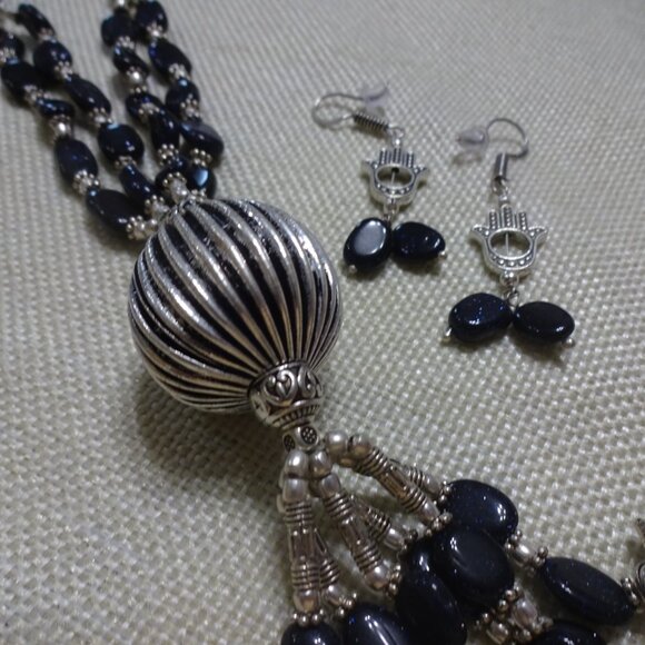 Unique BLUE SUNSTONE & ORNATE SILVER Handmade 26" Necklace with Earrings #166C - Picture 2 of 4